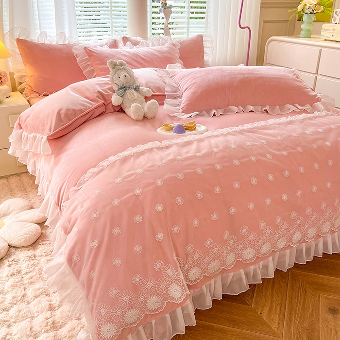 91家纺网 家纺一手货源 找家纺 唐人居 2025新款法式蕾丝花边宝宝绒四件套--安妮系列 安妮-玉