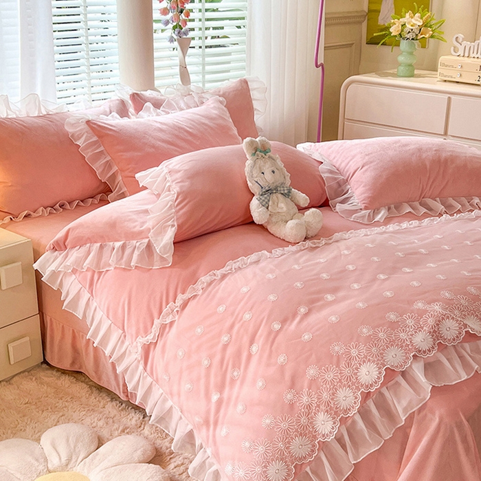 91家纺网 家纺一手货源 找家纺 唐人居 2025新款法式蕾丝花边宝宝绒四件套--安妮系列 安妮-玉