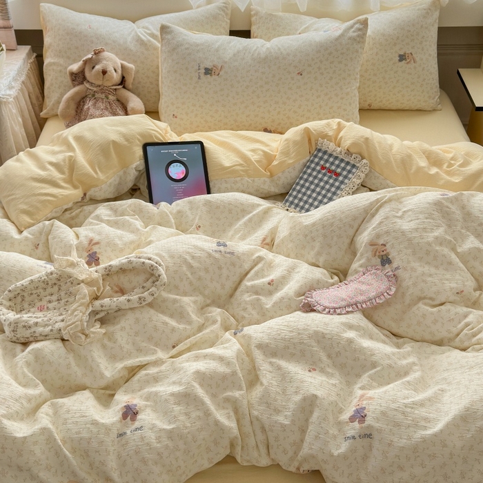 91家纺网 家纺一手货源 找家纺 丽美人家纺 2025新款【全尺寸不断货】高克重木棉提花双层纱四件套 QB乐园