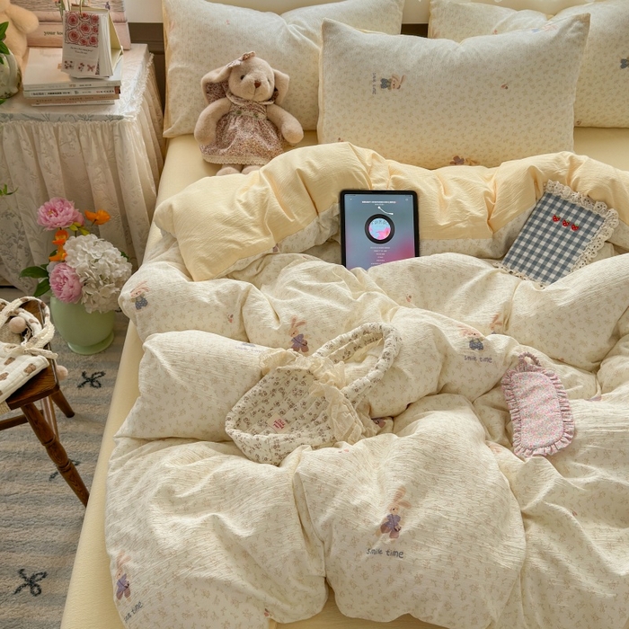 91家纺网 家纺一手货源 找家纺 丽美人家纺 2025新款【全尺寸不断货】高克重木棉提花双层纱四件套 QB乐园