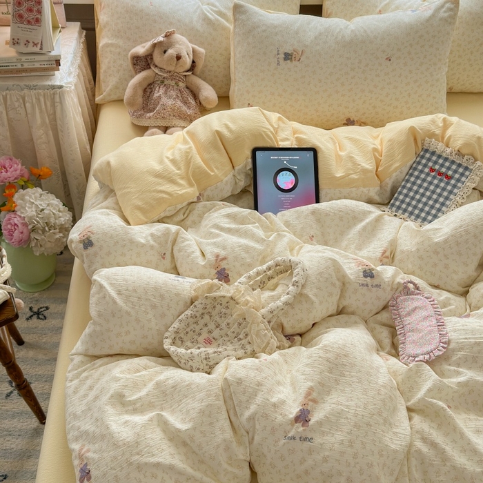 91家纺网 家纺一手货源 找家纺 丽美人家纺 2025新款【全尺寸不断货】高克重木棉提花双层纱四件套 QB乐园