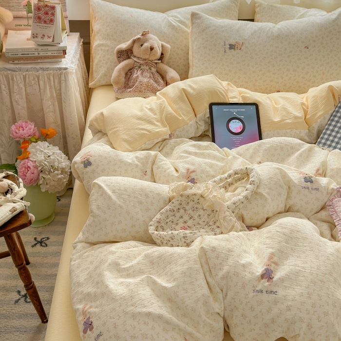 91家纺网 家纺一手货源 找家纺 丽美人家纺 2025新款【全尺寸不断货】高克重木棉提花双层纱四件套 QB乐园