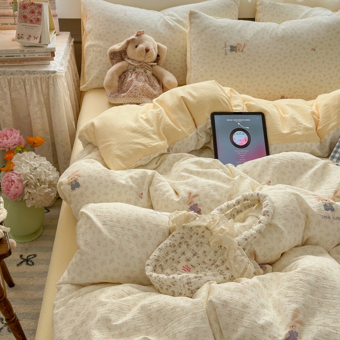 91家纺网 家纺一手货源 找家纺 丽美人家纺 2025新款【全尺寸不断货】高克重木棉提花双层纱四件套 QB乐园