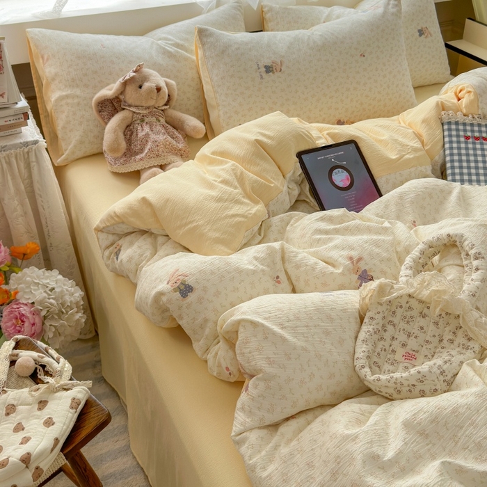 91家纺网 家纺一手货源 找家纺 丽美人家纺 2025新款【全尺寸不断货】高克重木棉提花双层纱四件套 QB乐园