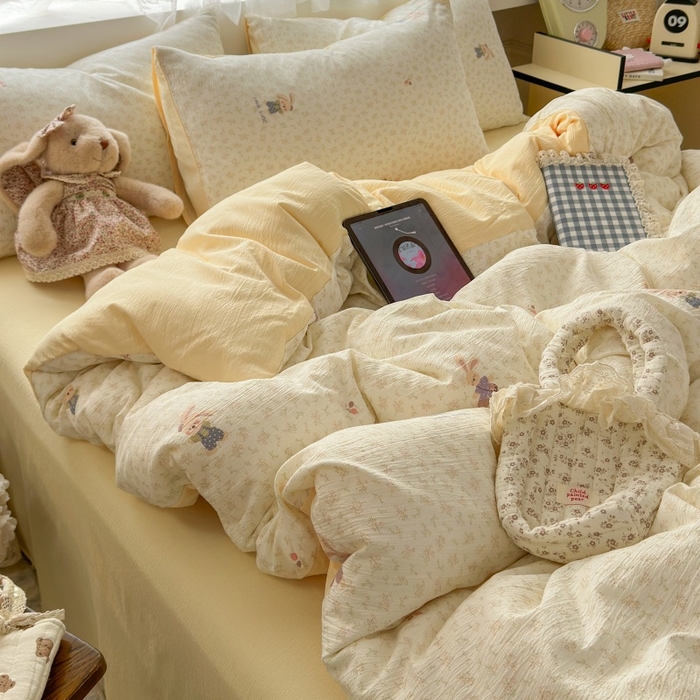 91家纺网 家纺一手货源 找家纺 丽美人家纺 2025新款【全尺寸不断货】高克重木棉提花双层纱四件套 QB乐园