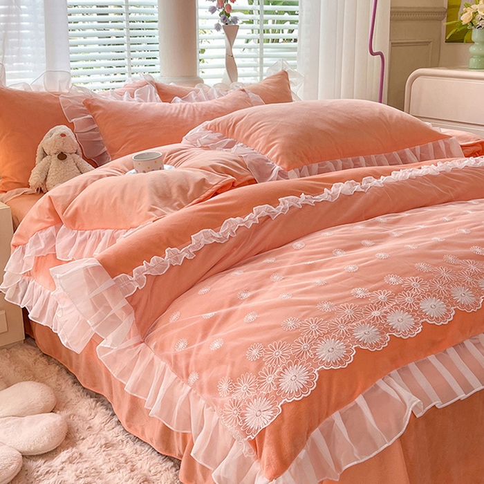 91家纺网 家纺一手货源 找家纺 唐人居 2025新款法式蕾丝花边宝宝绒四件套--安妮系列 安妮-橙