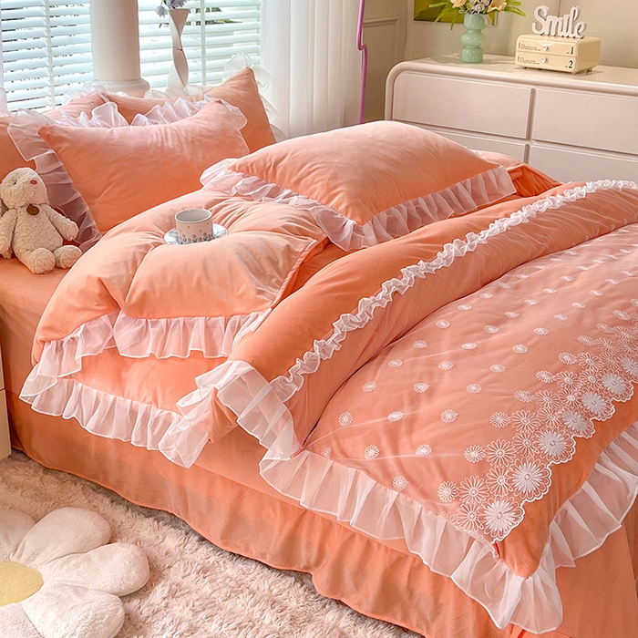 91家纺网 家纺一手货源 找家纺 唐人居 2025新款法式蕾丝花边宝宝绒四件套--安妮系列 安妮-橙