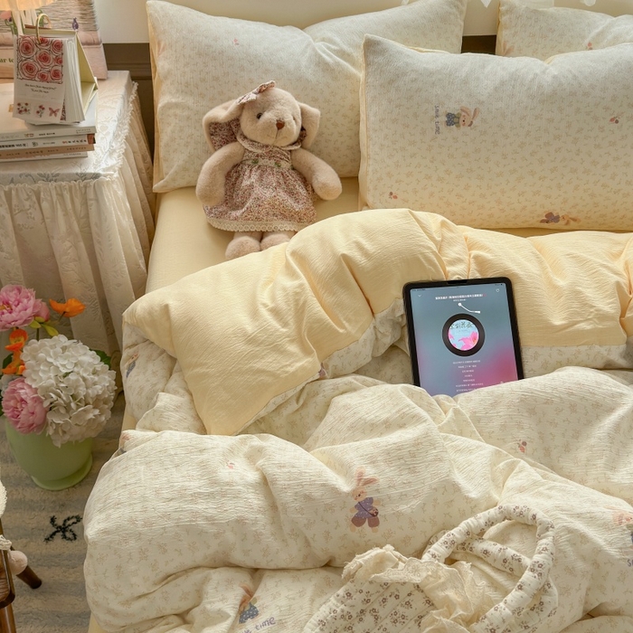 91家纺网 家纺一手货源 找家纺 丽美人家纺 2025新款【全尺寸不断货】高克重木棉提花双层纱四件套 QB乐园