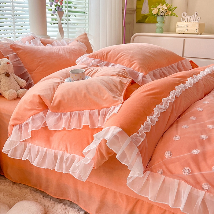 91家纺网 家纺一手货源 找家纺 唐人居 2025新款法式蕾丝花边宝宝绒四件套--安妮系列 安妮-橙