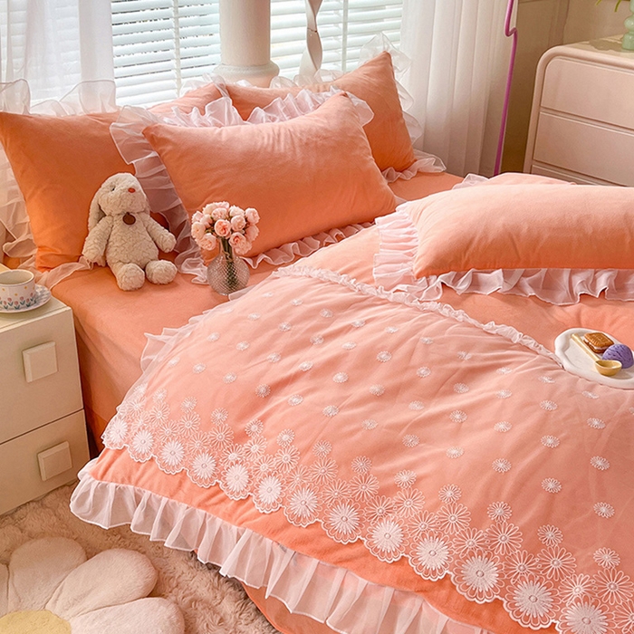 91家纺网 家纺一手货源 找家纺 唐人居 2025新款法式蕾丝花边宝宝绒四件套--安妮系列 安妮-橙