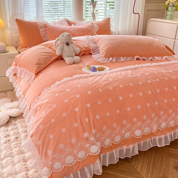 91家纺网 家纺一手货源 找家纺 唐人居 2025新款法式蕾丝花边宝宝绒四件套--安妮系列 安妮-橙