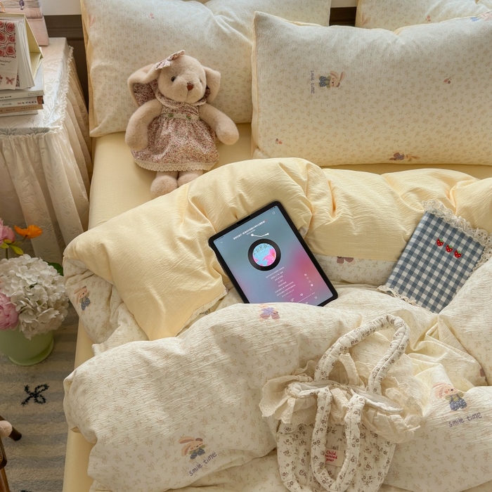 91家纺网 家纺一手货源 找家纺 丽美人家纺 2025新款【全尺寸不断货】高克重木棉提花双层纱四件套 QB乐园