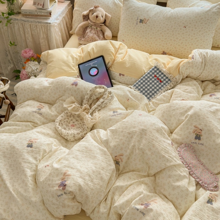 91家纺网 家纺一手货源 找家纺 丽美人家纺 2025新款【全尺寸不断货】高克重木棉提花双层纱四件套 QB乐园