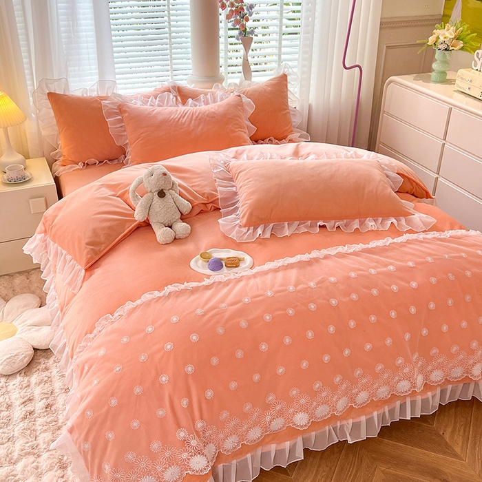 91家纺网 家纺一手货源 找家纺 唐人居 2025新款法式蕾丝花边宝宝绒四件套--安妮系列 安妮-橙