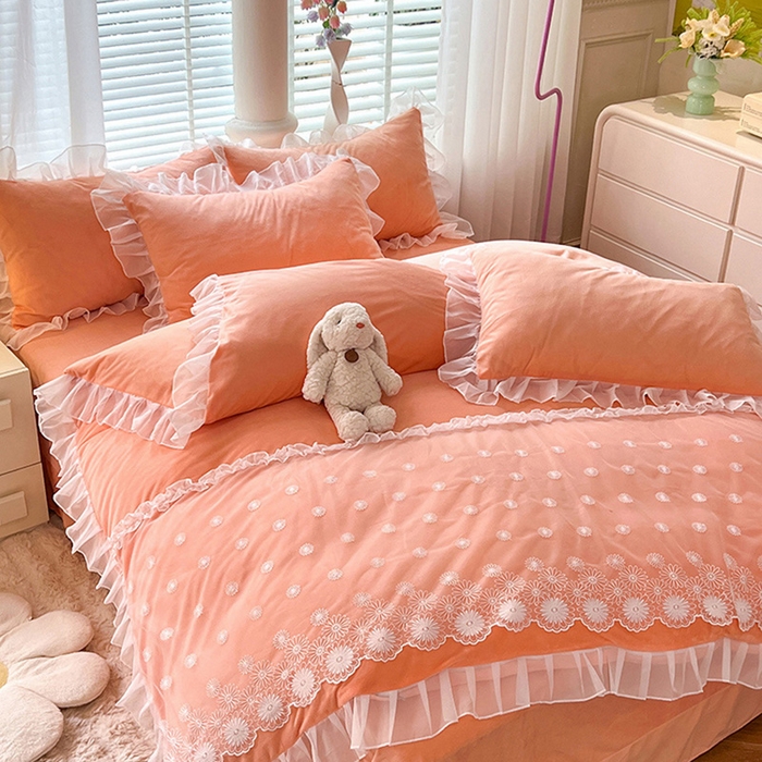 91家纺网 家纺一手货源 找家纺 唐人居 2025新款法式蕾丝花边宝宝绒四件套--安妮系列 安妮-橙