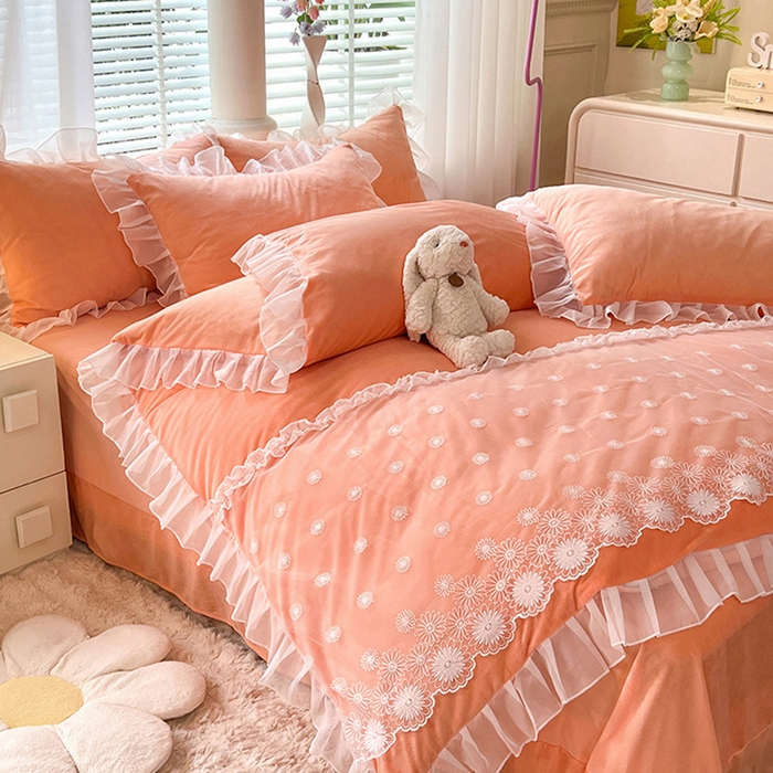 91家纺网 家纺一手货源 找家纺 唐人居 2025新款法式蕾丝花边宝宝绒四件套--安妮系列 安妮-橙