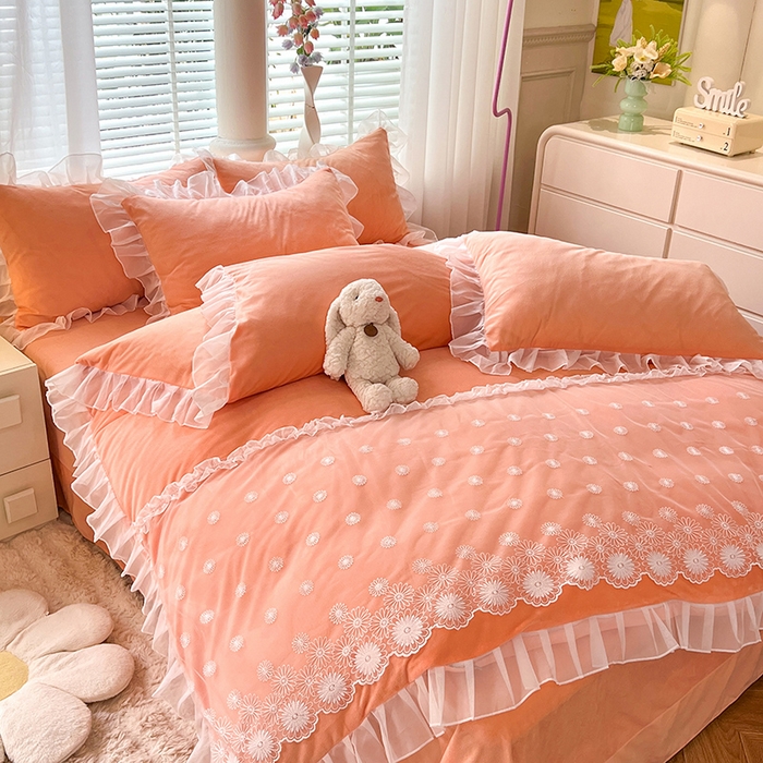 91家纺网 家纺一手货源 找家纺 唐人居 2025新款法式蕾丝花边宝宝绒四件套--安妮系列 安妮-橙