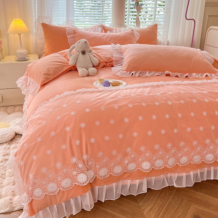 91家纺网 家纺一手货源 找家纺 唐人居 2025新款法式蕾丝花边宝宝绒四件套--安妮系列 安妮-橙