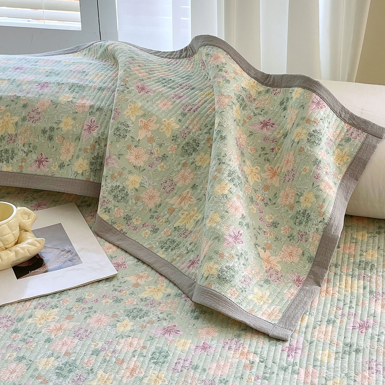 91家纺网 家纺一手货源 找家纺 雨彤家纺 2025新款A类双层纱夹棉双人枕巾 浅若花落