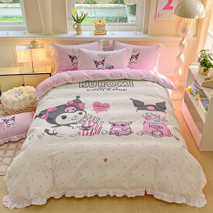 91家纺网 家纺一手货源 找家纺 （总）2025新款大版三丽鸥系列 纯棉床单全棉床裙学生三四件套 花边款