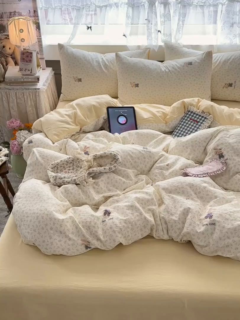 91家纺网 家纺一手货源 找家纺 丽美人家纺 2025新款【全尺寸不断货】高克重木棉提花双层纱四件套 QB乐园