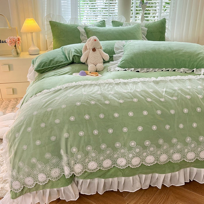 91家纺网 家纺一手货源 找家纺 唐人居 2025新款法式蕾丝花边宝宝绒四件套--安妮系列 安妮-果绿