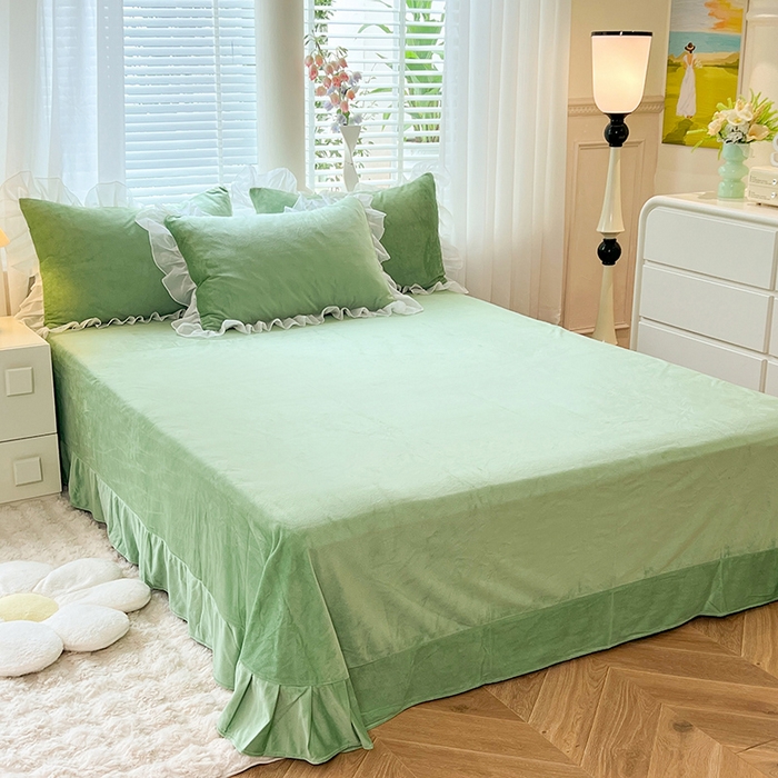 91家纺网 家纺一手货源 找家纺 唐人居 2025新款法式蕾丝花边宝宝绒四件套--安妮系列 安妮-果绿