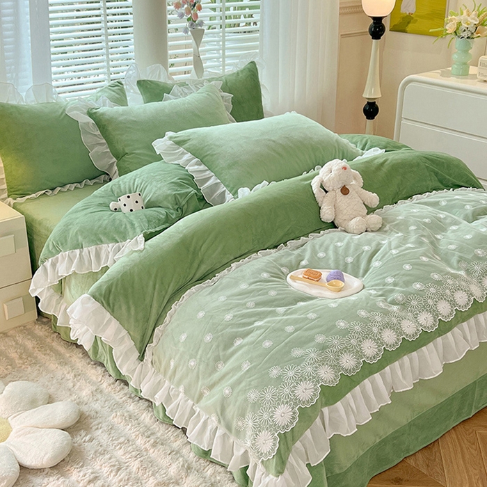 91家纺网 家纺一手货源 找家纺 唐人居 2025新款法式蕾丝花边宝宝绒四件套--安妮系列 安妮-果绿