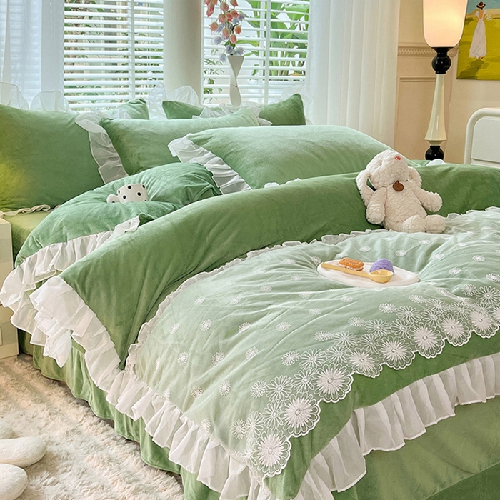 91家纺网 家纺一手货源 找家纺 唐人居 2025新款法式蕾丝花边宝宝绒四件套--安妮系列 安妮-果绿