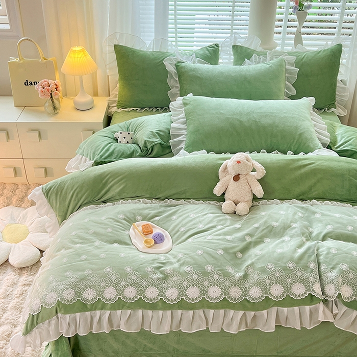 91家纺网 家纺一手货源 找家纺 唐人居 2025新款法式蕾丝花边宝宝绒四件套--安妮系列 安妮-果绿