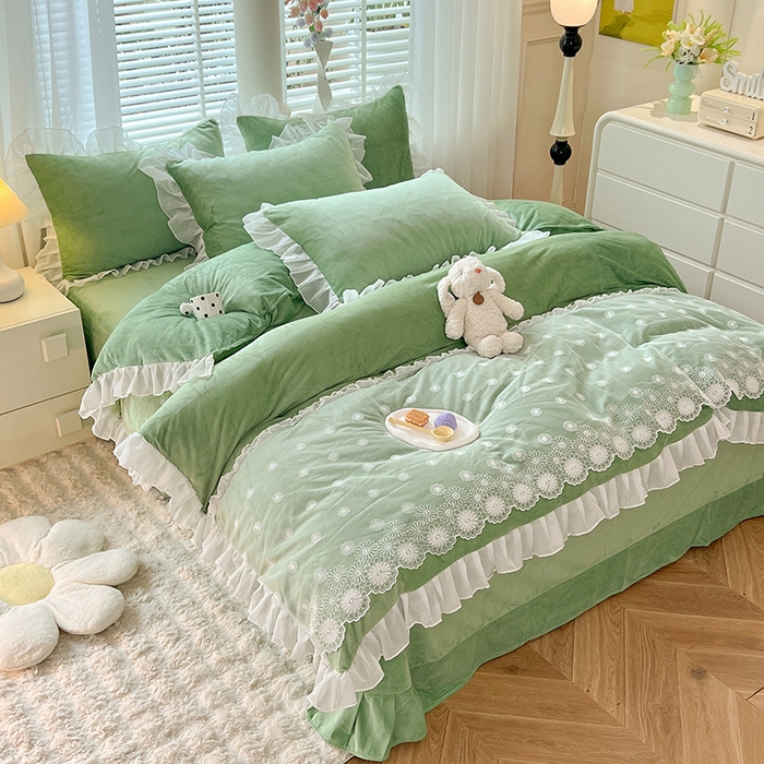 91家纺网 家纺一手货源 找家纺 唐人居 2025新款法式蕾丝花边宝宝绒四件套--安妮系列 安妮-果绿