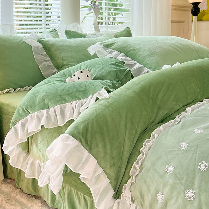 91家纺网 家纺一手货源 找家纺 唐人居 2025新款法式蕾丝花边宝宝绒四件套--安妮系列 安妮-果绿