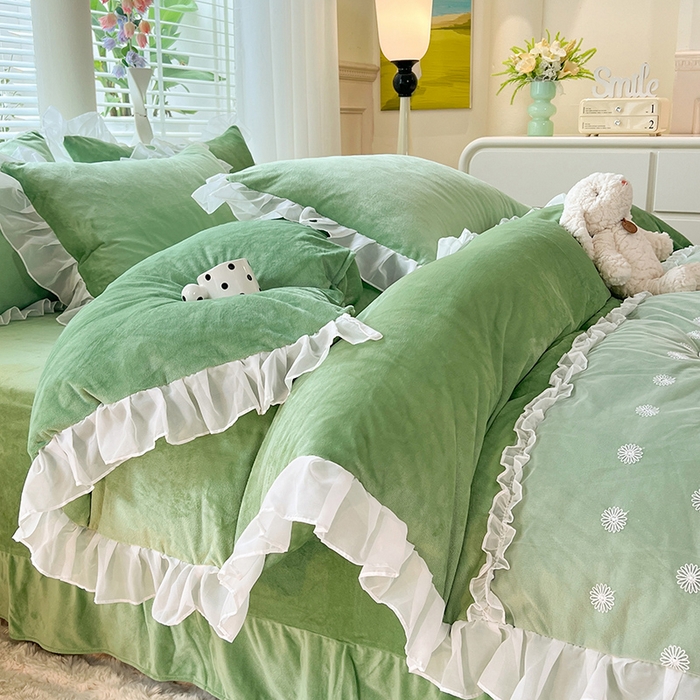 91家纺网 家纺一手货源 找家纺 唐人居 2025新款法式蕾丝花边宝宝绒四件套--安妮系列 安妮-果绿