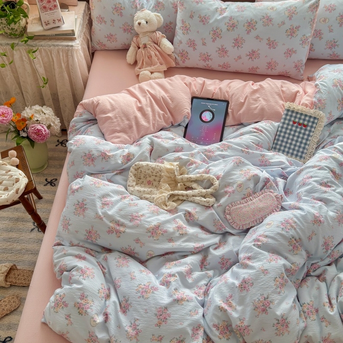 91家纺网 家纺一手货源 找家纺 丽美人家纺 2025新款【全尺寸不断货】高克重木棉提花双层纱四件套 QB铃兰