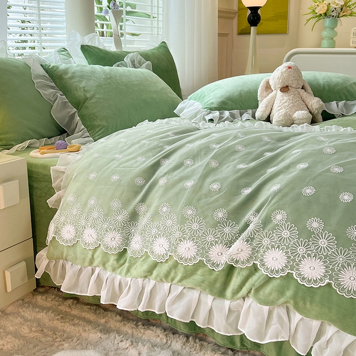 91家纺网 家纺一手货源 找家纺 唐人居 2025新款法式蕾丝花边宝宝绒四件套--安妮系列 安妮-果绿