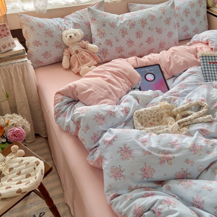 91家纺网 家纺一手货源 找家纺 丽美人家纺 2025新款【全尺寸不断货】高克重木棉提花双层纱四件套 QB铃兰