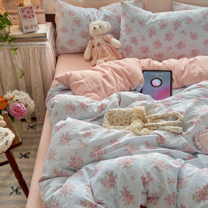 91家纺网 家纺一手货源 找家纺 丽美人家纺 2025新款【全尺寸不断货】高克重木棉提花双层纱四件套 QB铃兰