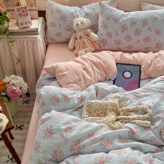 91家纺网 家纺一手货源 找家纺 丽美人家纺 2025新款【全尺寸不断货】高克重木棉提花双层纱四件套 QB铃兰