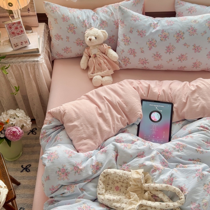 91家纺网 家纺一手货源 找家纺 丽美人家纺 2025新款【全尺寸不断货】高克重木棉提花双层纱四件套 QB铃兰