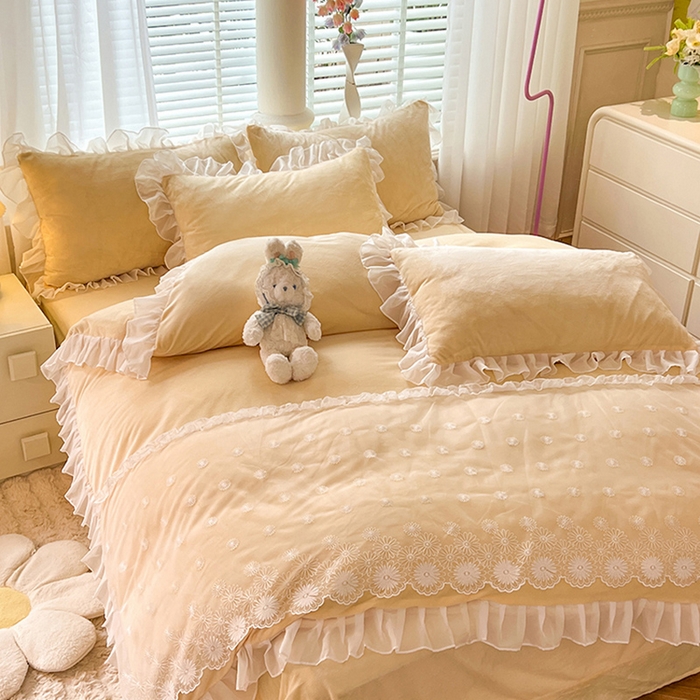 91家纺网 家纺一手货源 找家纺 唐人居 2025新款法式蕾丝花边宝宝绒四件套--安妮系列 安妮-黄