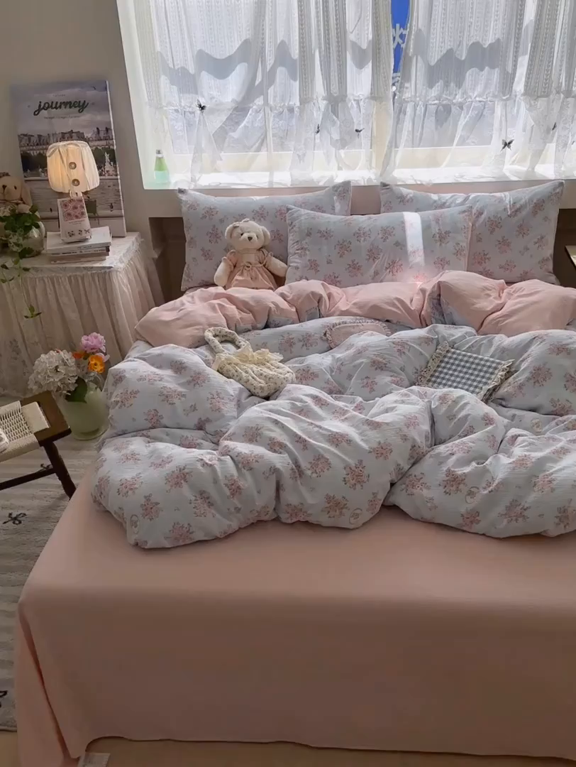 91家纺网 家纺一手货源 找家纺 丽美人家纺 2025新款【全尺寸不断货】高克重木棉提花双层纱四件套 QB铃兰