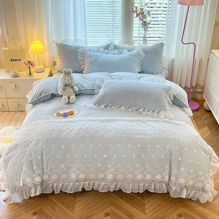 唐人居 2025新款法式蕾丝花边宝宝绒四件套--安妮系列 安妮-浅蓝