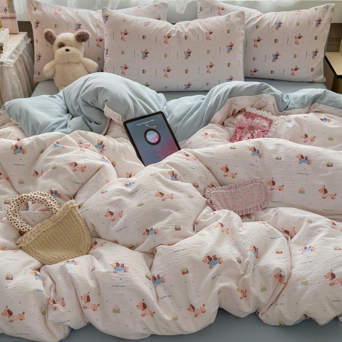 91家纺网 家纺一手货源 找家纺 丽美人家纺 2025新款【全尺寸不断货】高克重木棉提花双层纱四件套 QB洛洛小狗