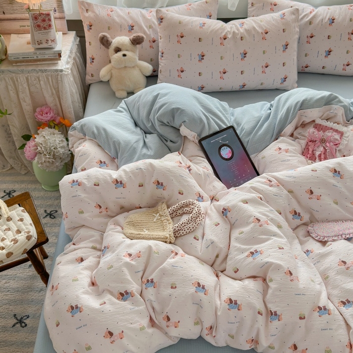 91家纺网 家纺一手货源 找家纺 丽美人家纺 2025新款【全尺寸不断货】高克重木棉提花双层纱四件套 QB洛洛小狗