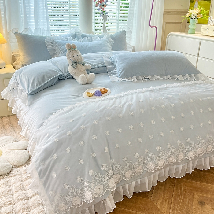 91家纺网 家纺一手货源 找家纺 唐人居 2025新款法式蕾丝花边宝宝绒四件套--安妮系列 安妮-浅蓝