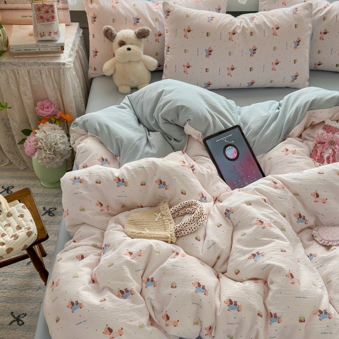 91家纺网 家纺一手货源 找家纺 丽美人家纺 2025新款【全尺寸不断货】高克重木棉提花双层纱四件套 QB洛洛小狗