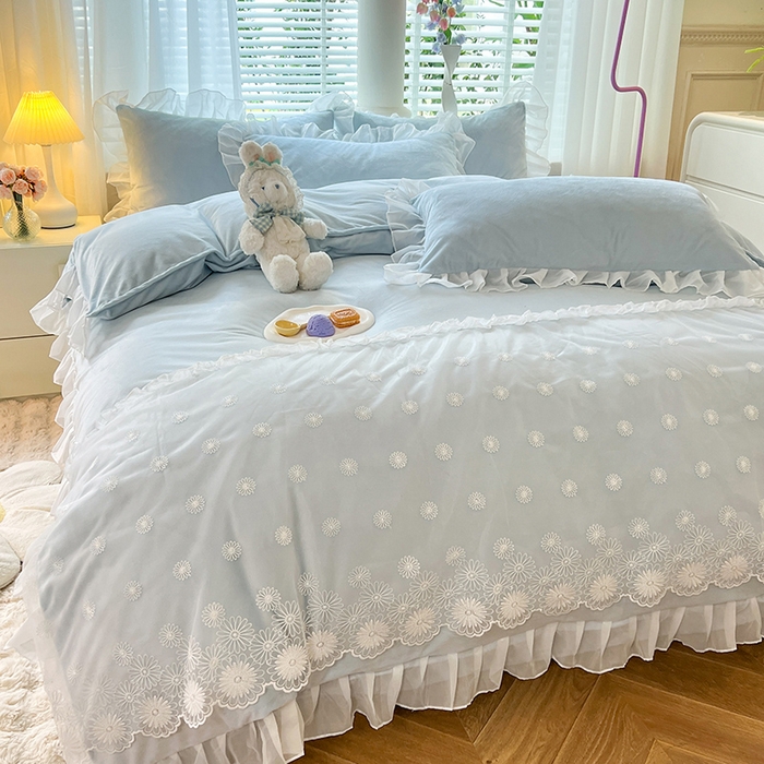 91家纺网 家纺一手货源 找家纺 唐人居 2025新款法式蕾丝花边宝宝绒四件套--安妮系列 安妮-浅蓝