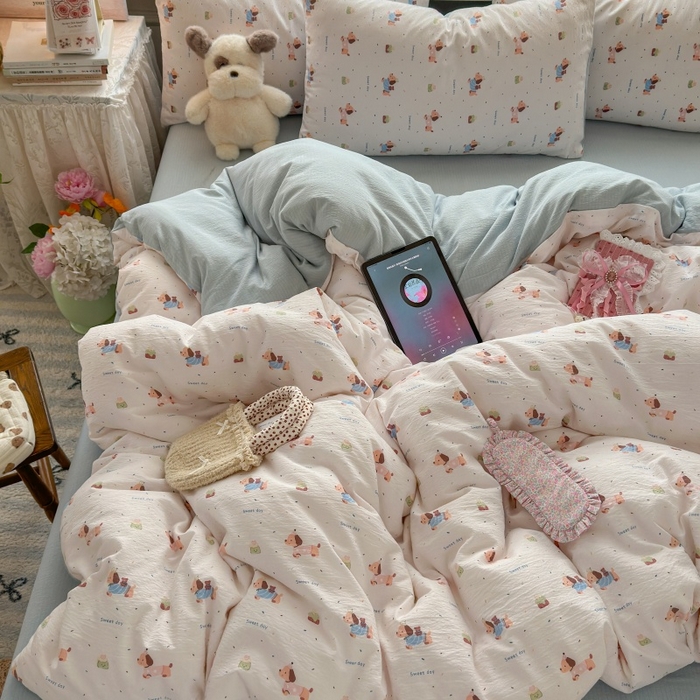 91家纺网 家纺一手货源 找家纺 丽美人家纺 2025新款【全尺寸不断货】高克重木棉提花双层纱四件套 QB洛洛小狗