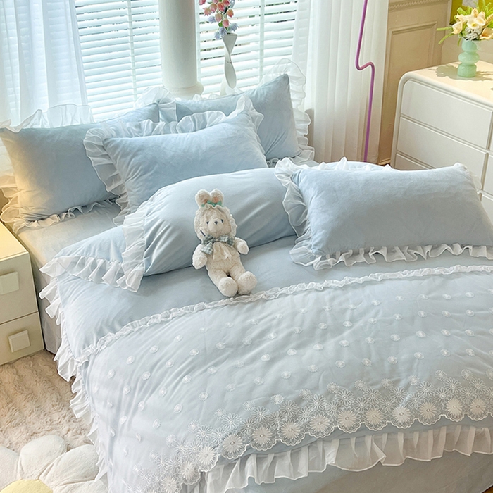 91家纺网 家纺一手货源 找家纺 唐人居 2025新款法式蕾丝花边宝宝绒四件套--安妮系列 安妮-浅蓝