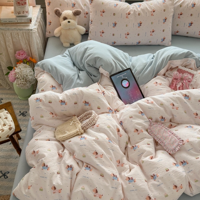 91家纺网 家纺一手货源 找家纺 丽美人家纺 2025新款【全尺寸不断货】高克重木棉提花双层纱四件套 QB洛洛小狗